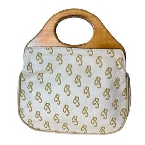 GLO BELLE Vintage Handbag Wood Handles P Pattern Canvas Purse Attaché *Flaw*